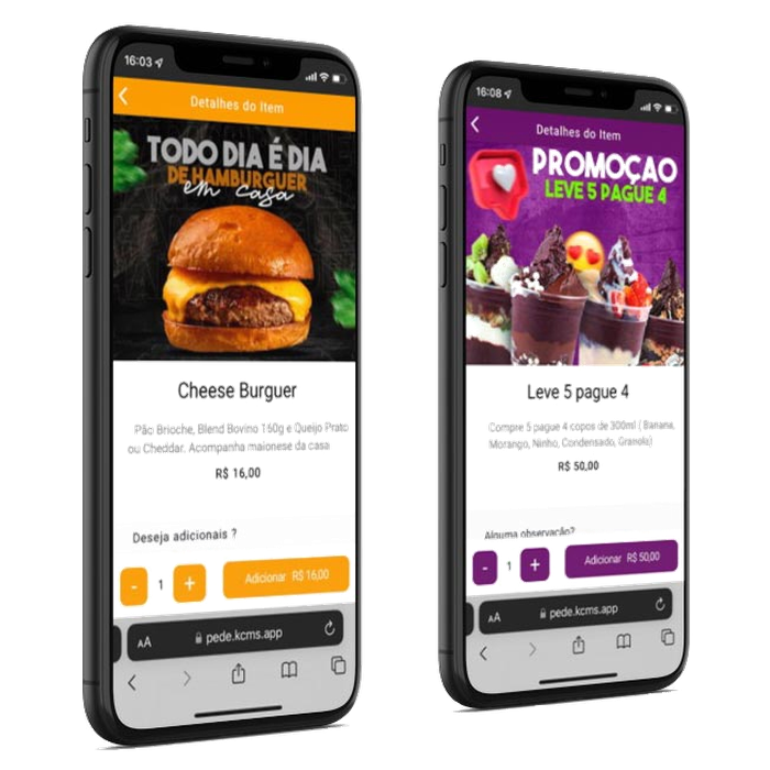 Tela real do cardápio digital KCMS no celular: detalhe de item com foto, descrição, preço e botão de adicionar ao pedido, em dois exemplos — hambúrguer e promoção de sobremesa