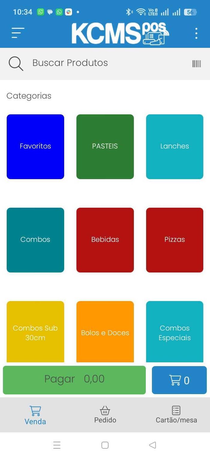 Tela real do KCMS Smart POS na maquininha: categorias de produtos coloridas e botão de pagar