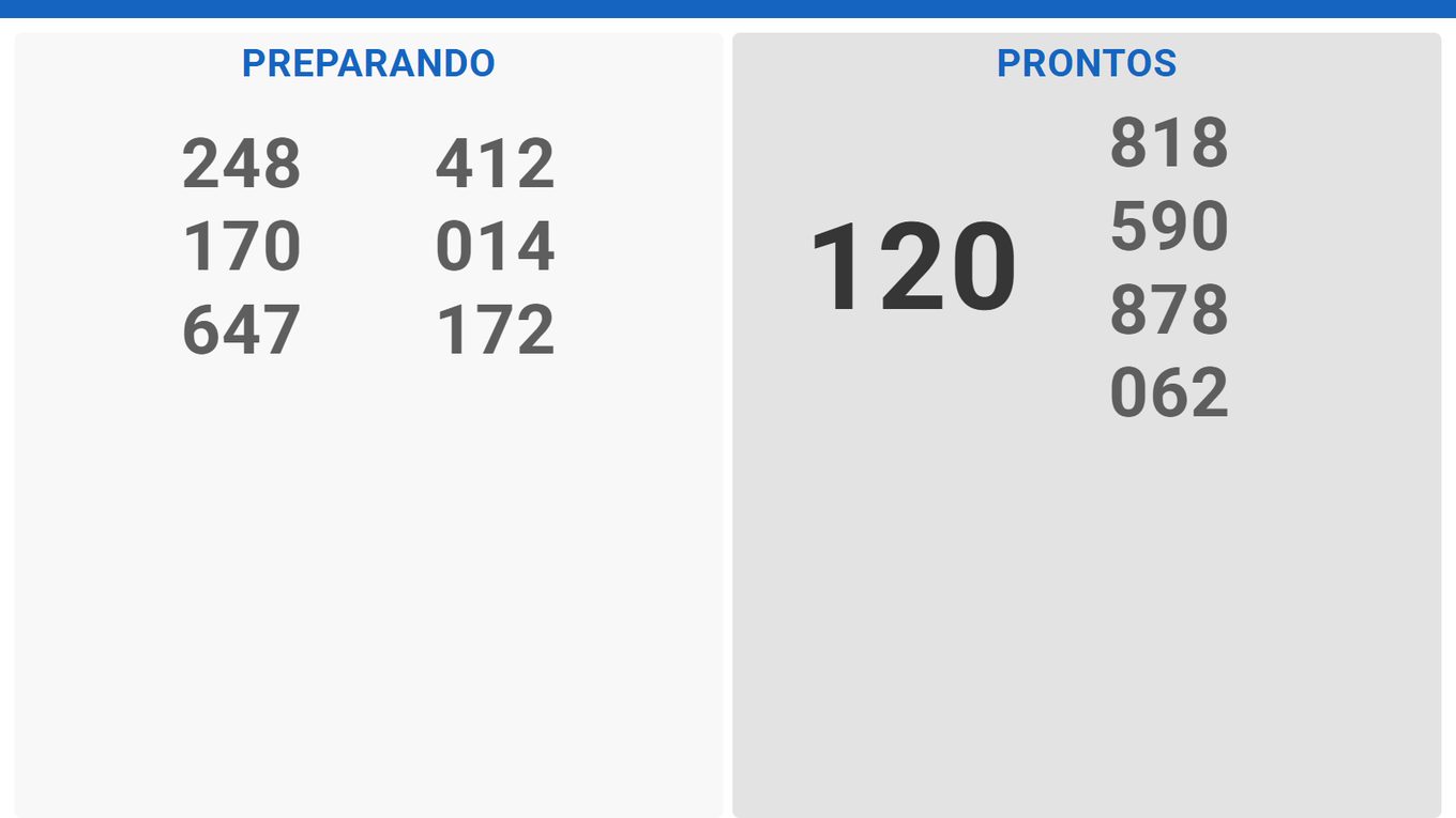 Tela real do painel de pedidos KCMS: coluna de senhas Preparando e coluna de senhas Prontas para retirada