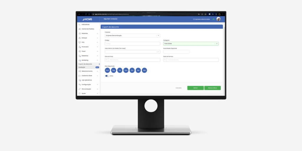 Recurso de cupom de entrega grátis no sistema KCMS
